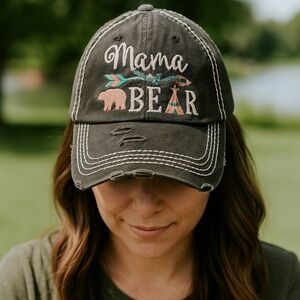 Mama Bear Black Distressed Embroidered Strap Back BaseBall Cap